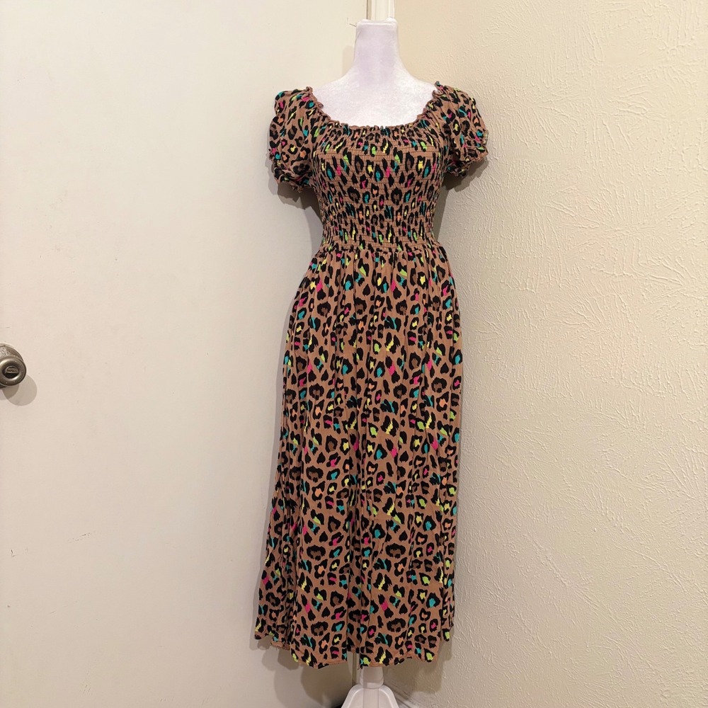 Brown Neon Leopard Cheetah Print Smocked Midi Dress Puff Sleeve Retro Funky M
